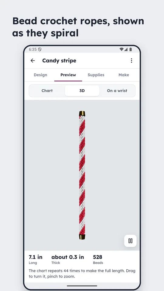 A bead crochet rope previewed in 3D at its finished size