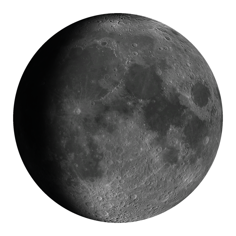 A waxing gibbous Moon rendered by Lunaria — craters in sharp relief along the terminator, the dark limb faintly lit by earthshine