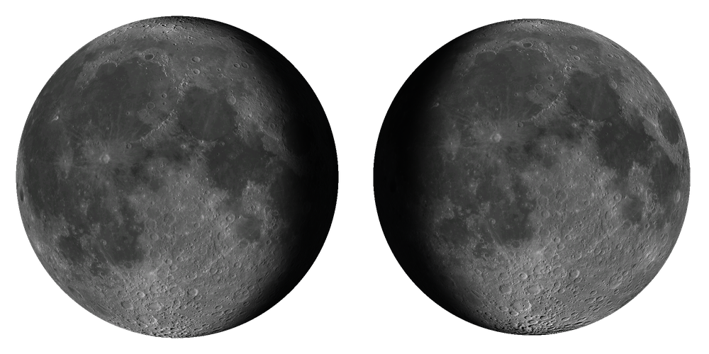 Two full moons with opposite libration, showing the face rocked left and right