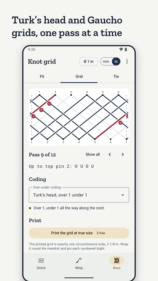A Turk's head knot grid by leads and bights, steppable pass by pass