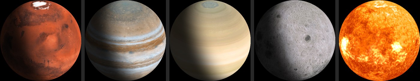 Mars, Jupiter, Saturn, the Moon and the Sun rendered by Planetaria