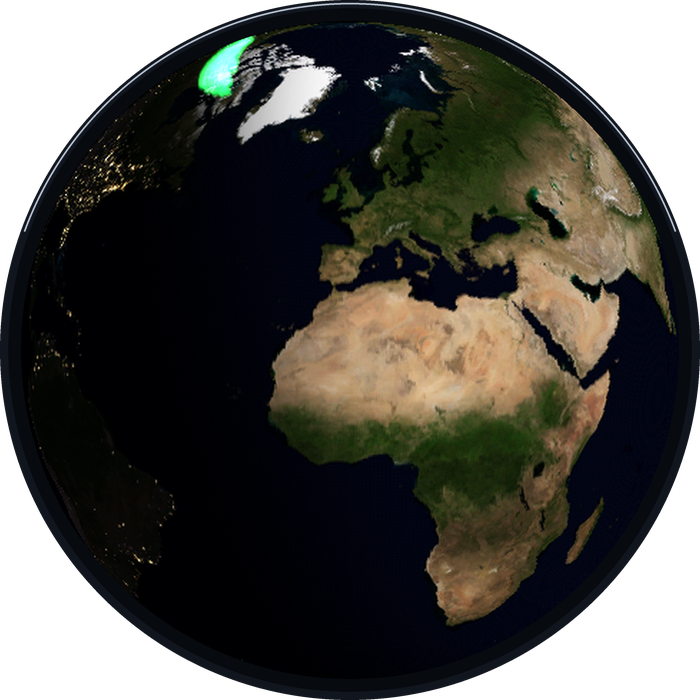 The aurora oval glowing green over the Arctic on the Earth's night side