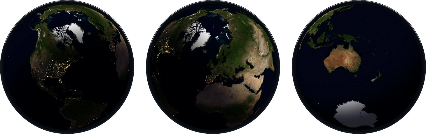Three globes centered on New York at night, London in daylight, and Sydney with Antarctica below — the same moment, three homes