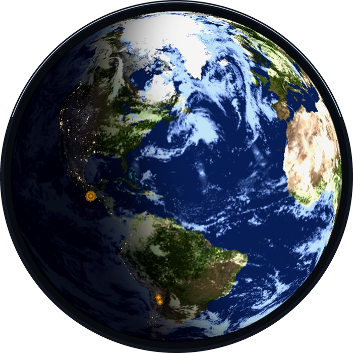 The Americas on the watch globe, daylight over the Pacific, earthquake markers pulsing