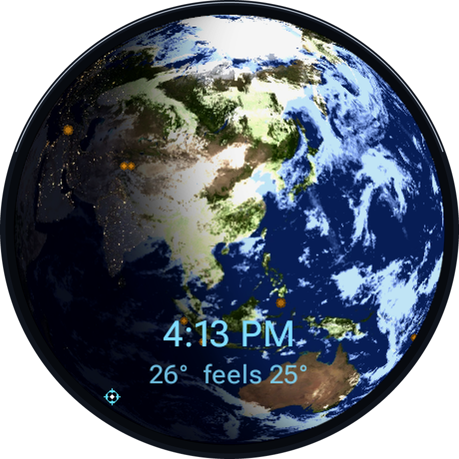 Planetaria running on a Galaxy Watch 7: the live Earth with NASA clouds, night-side city lights, earthquake markers, the ISS crosshair, and the time and weather card