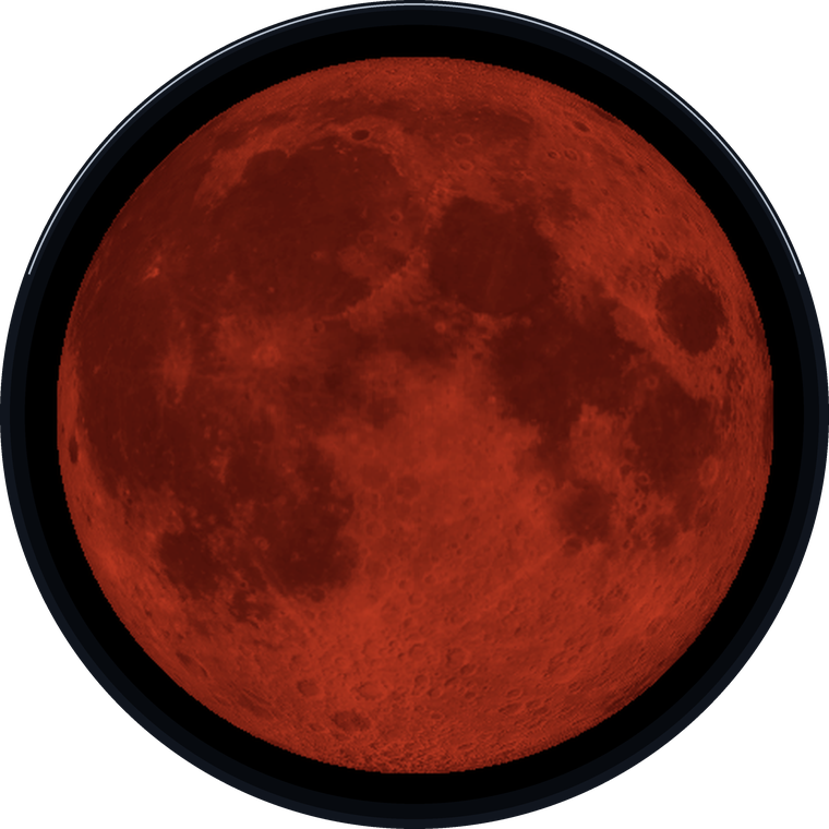 A total lunar eclipse rendered by the app: the Moon deep copper-red, maria still visible in the ashen light