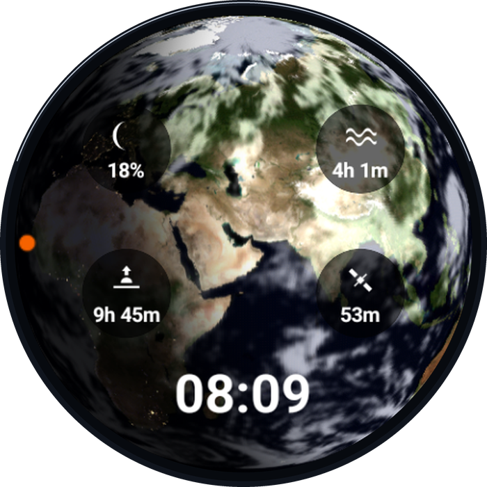 The Planetaria watch face: the Earth with four complication dials and the time